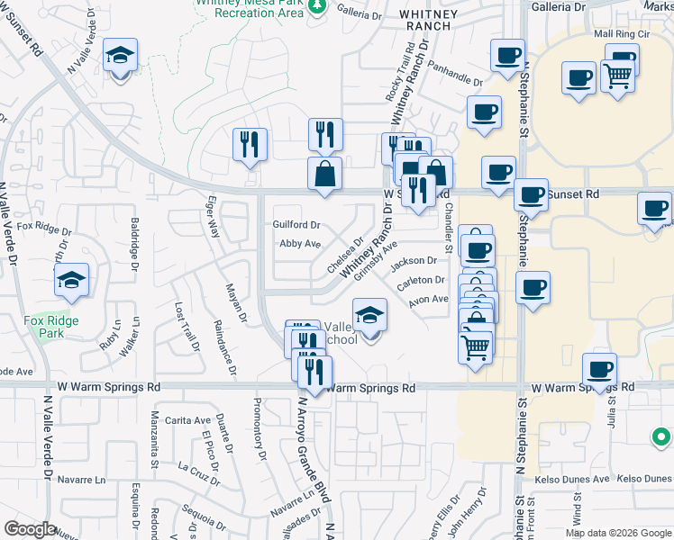 map of restaurants, bars, coffee shops, grocery stores, and more near 530 Grimsby Avenue in Henderson