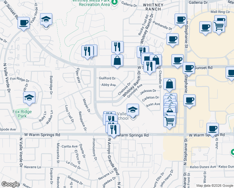 map of restaurants, bars, coffee shops, grocery stores, and more near 504 Chelsea Drive in Henderson