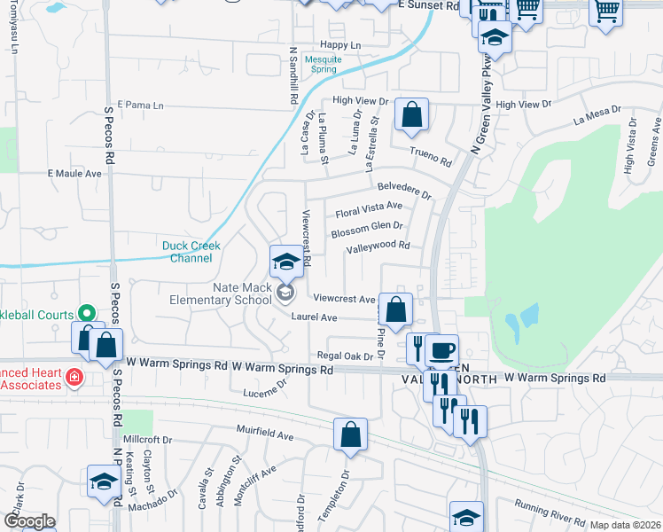 map of restaurants, bars, coffee shops, grocery stores, and more near 2339 Moorpark Way in Henderson
