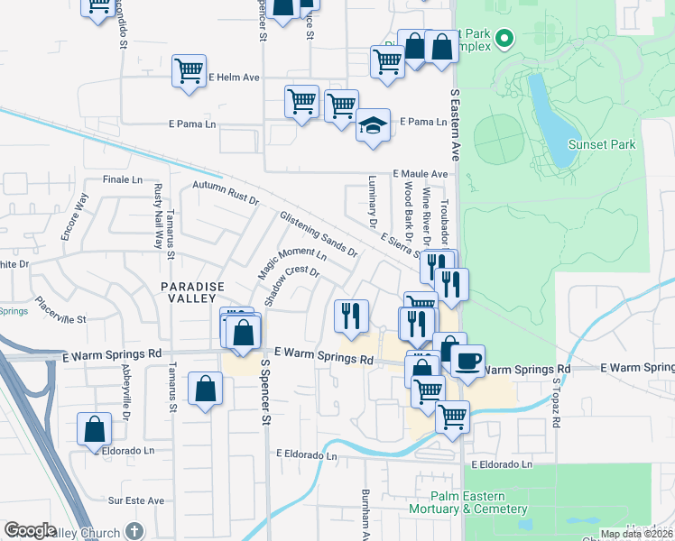 map of restaurants, bars, coffee shops, grocery stores, and more near 7130 Knoll View Drive in Las Vegas