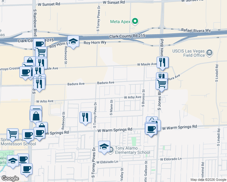 map of restaurants, bars, coffee shops, grocery stores, and more near 7103 South Mann Street in Las Vegas