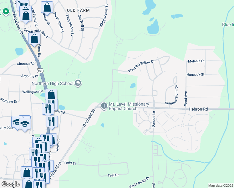 map of restaurants, bars, coffee shops, grocery stores, and more near 301 Hebron Road in Durham