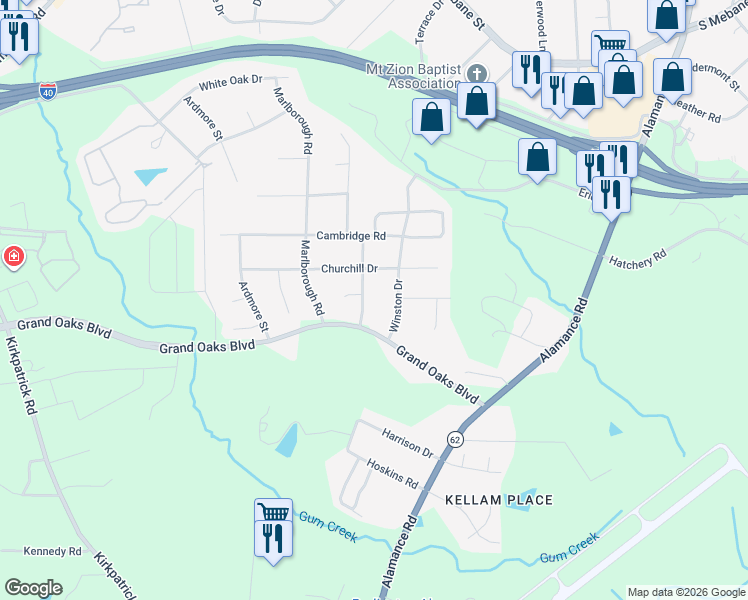 map of restaurants, bars, coffee shops, grocery stores, and more near 3338-3398 Winterbell Drive in Burlington