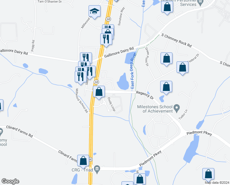 map of restaurants, bars, coffee shops, grocery stores, and more near 4375 Regency Drive in High Point