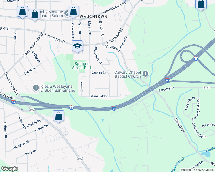 map of restaurants, bars, coffee shops, grocery stores, and more near 1650 Radcliff Street in Winston-Salem