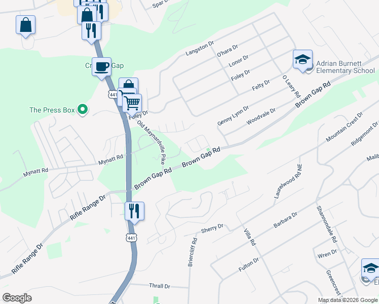 map of restaurants, bars, coffee shops, grocery stores, and more near 4100 Brown Gap Road in Knoxville