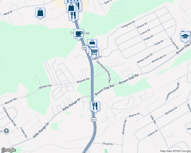 map of restaurants, bars, coffee shops, grocery stores, and more near 6412 Maynardville Pike in Knoxville