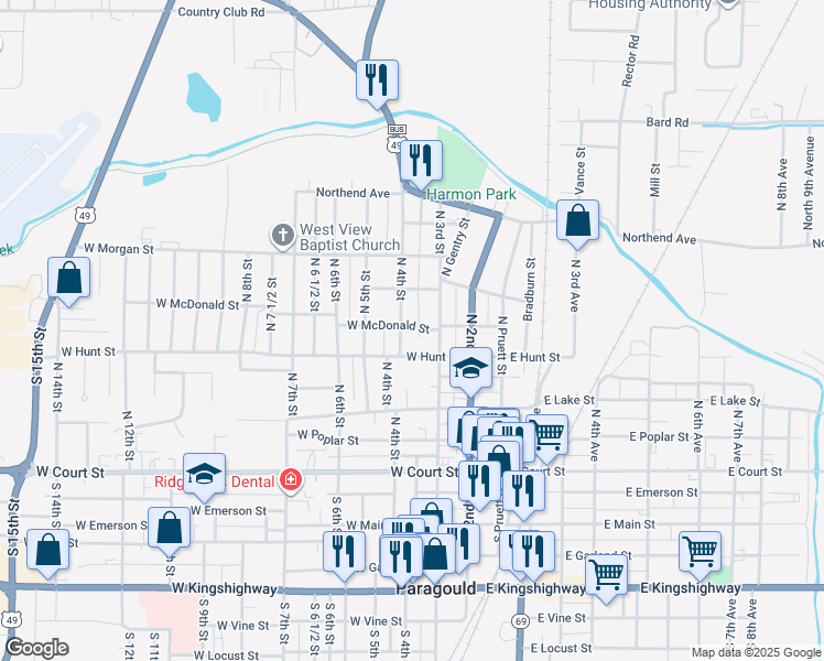 map of restaurants, bars, coffee shops, grocery stores, and more near 311 West Hunt Street in Paragould