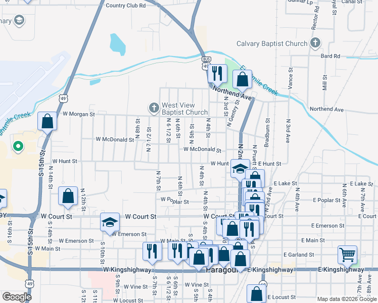 map of restaurants, bars, coffee shops, grocery stores, and more near 507 West Hunt Street in Paragould