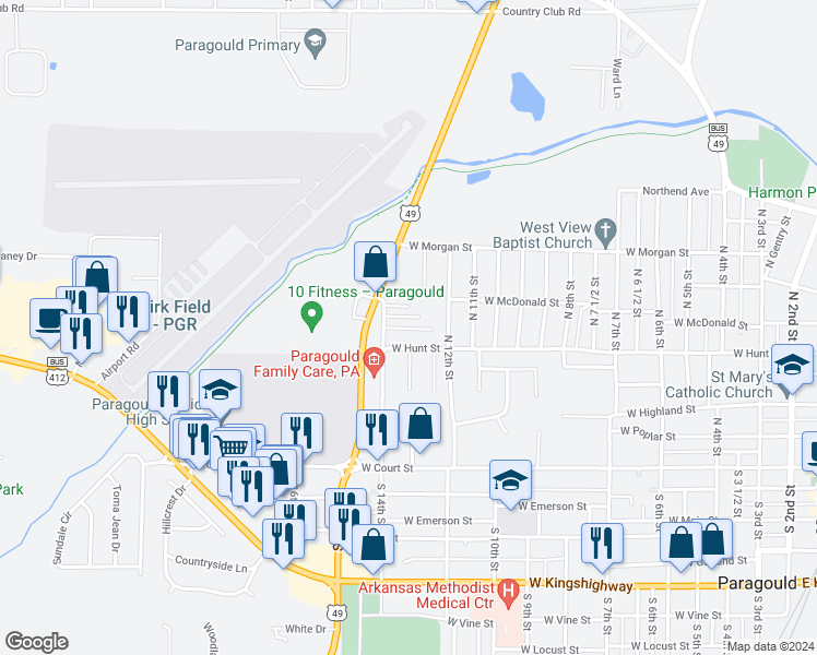 map of restaurants, bars, coffee shops, grocery stores, and more near 479 Taylor Street in Paragould