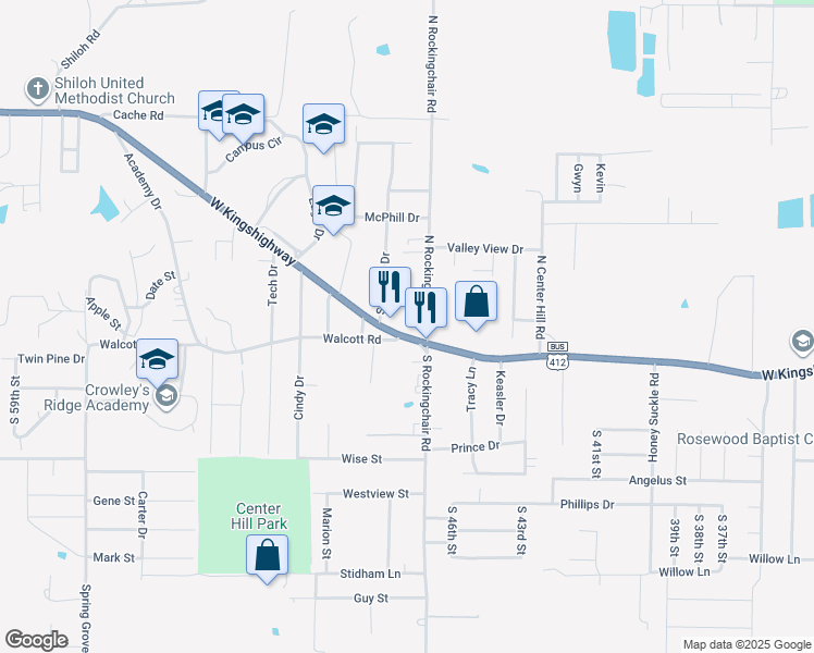 map of restaurants, bars, coffee shops, grocery stores, and more near 500-4698 Walcott Road in Paragould
