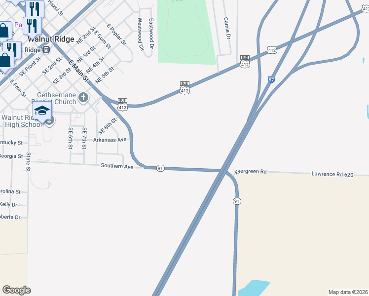 map of restaurants, bars, coffee shops, grocery stores, and more near Arkansas 91 in Walnut Ridge