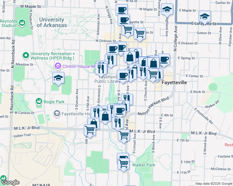 map of restaurants, bars, coffee shops, grocery stores, and more near 221 South School Avenue in Fayetteville