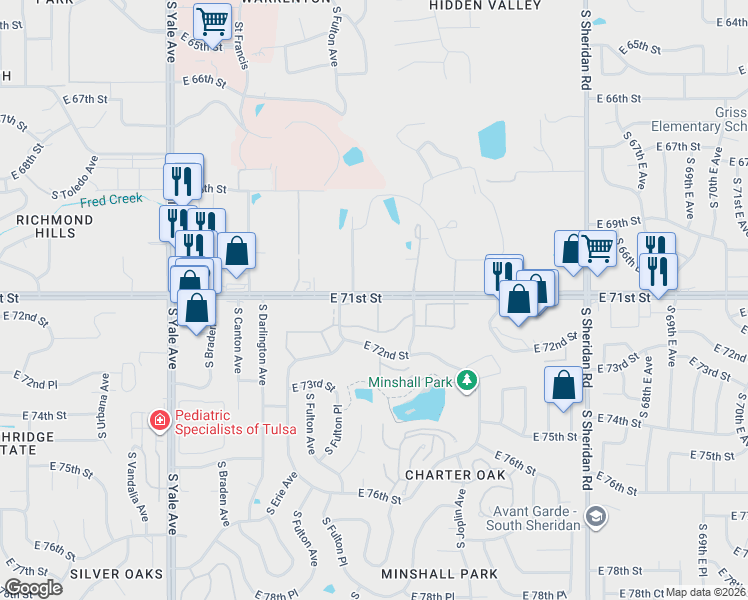 map of restaurants, bars, coffee shops, grocery stores, and more near 7110 South Granite Avenue in Tulsa