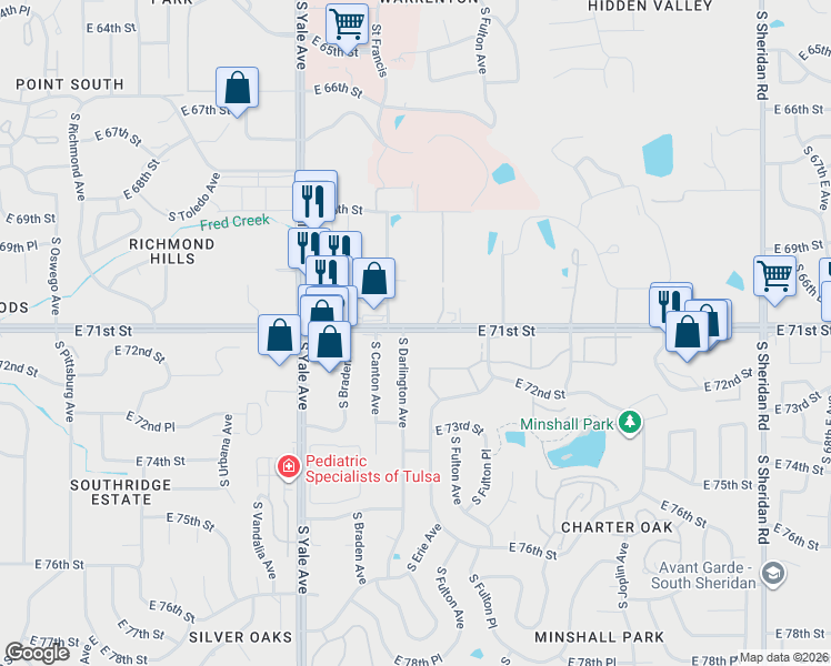 map of restaurants, bars, coffee shops, grocery stores, and more near 7121 South Darlington Avenue in Tulsa