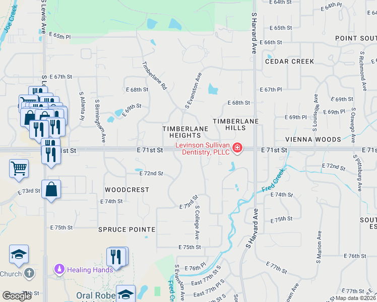 map of restaurants, bars, coffee shops, grocery stores, and more near 7135 South Evanston Avenue in Tulsa