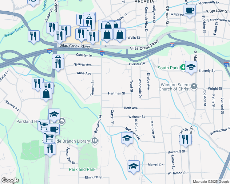 map of restaurants, bars, coffee shops, grocery stores, and more near 617 Hartman Street in Winston-Salem