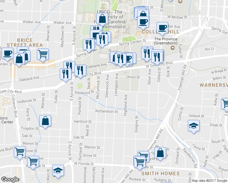 map of restaurants, bars, coffee shops, grocery stores, and more near 1105 Haywood Street in Greensboro