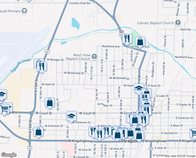 map of restaurants, bars, coffee shops, grocery stores, and more near 500 North 6 1/2 Street in Paragould