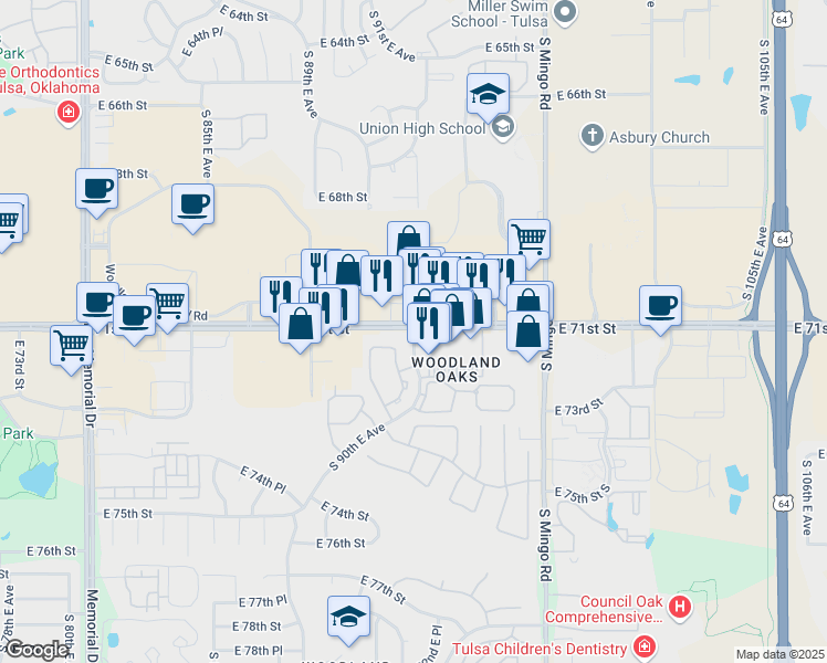 map of restaurants, bars, coffee shops, grocery stores, and more near 7104 South 92nd East Avenue in Tulsa