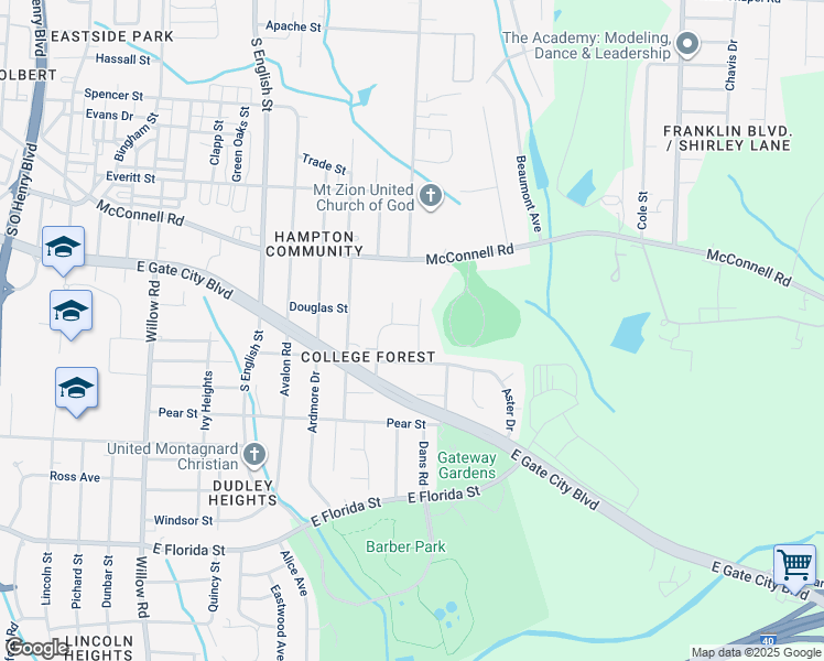 map of restaurants, bars, coffee shops, grocery stores, and more near 1200 Maury Lane in Greensboro