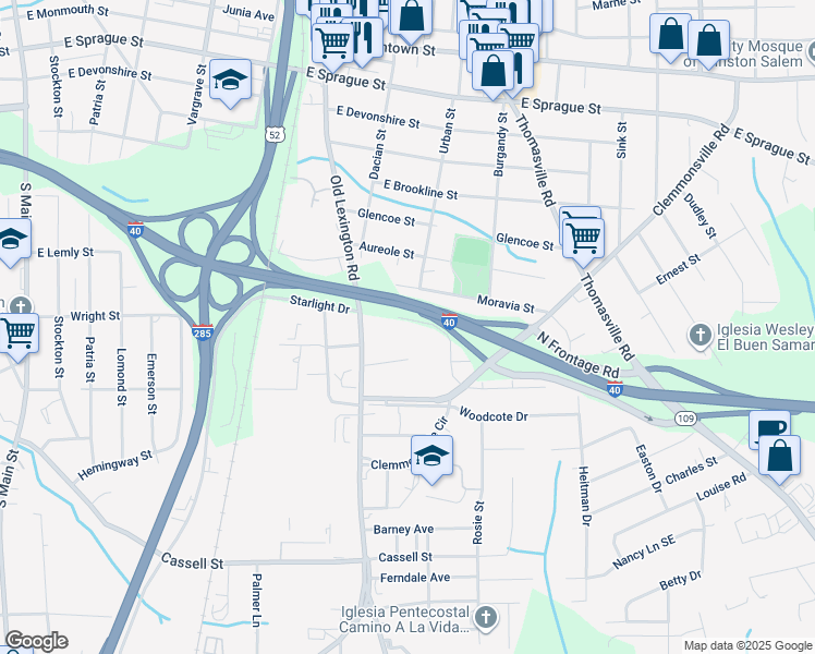 map of restaurants, bars, coffee shops, grocery stores, and more near 818 Morsinie Street in Winston-Salem