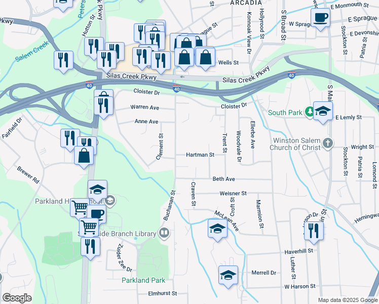 map of restaurants, bars, coffee shops, grocery stores, and more near 623 Hartman Street in Winston-Salem