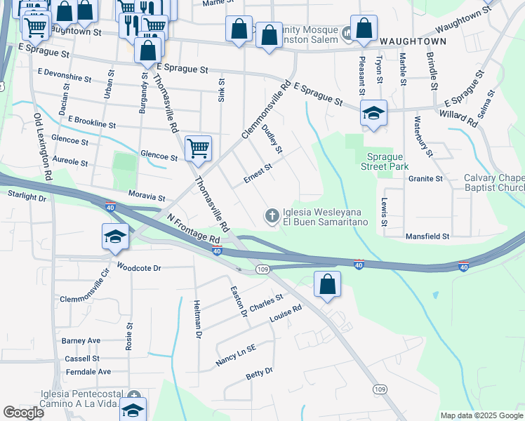 map of restaurants, bars, coffee shops, grocery stores, and more near 2740 Ludwig Street in Winston Salem