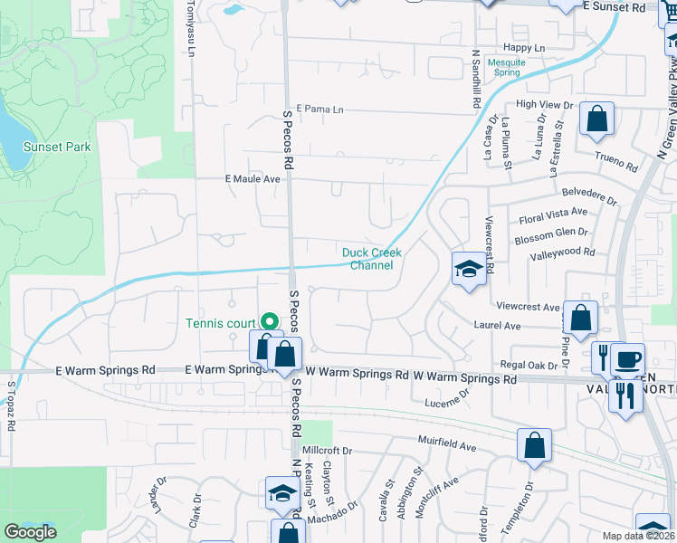 map of restaurants, bars, coffee shops, grocery stores, and more near 7080 South Pecos Road in Las Vegas