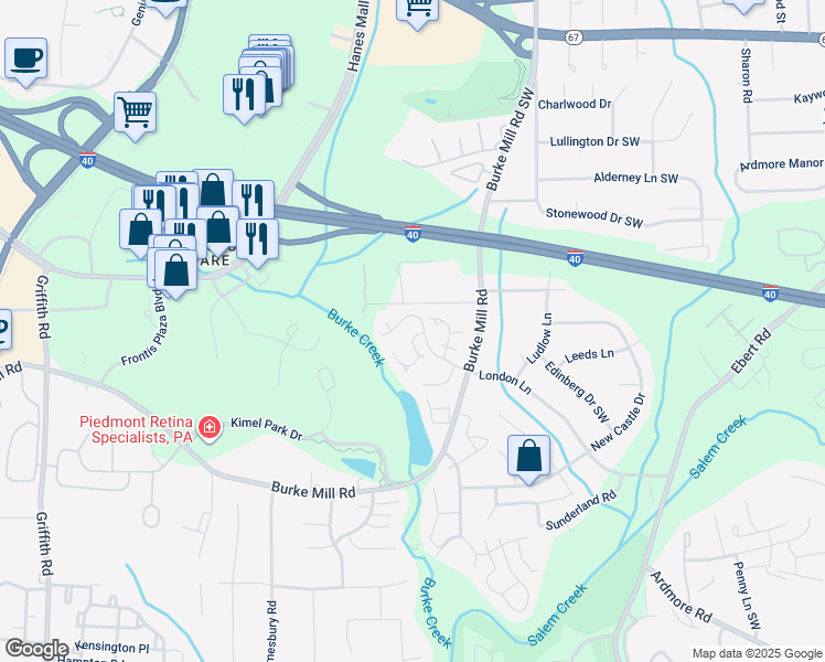 map of restaurants, bars, coffee shops, grocery stores, and more near 2209 King George Court in Winston-Salem