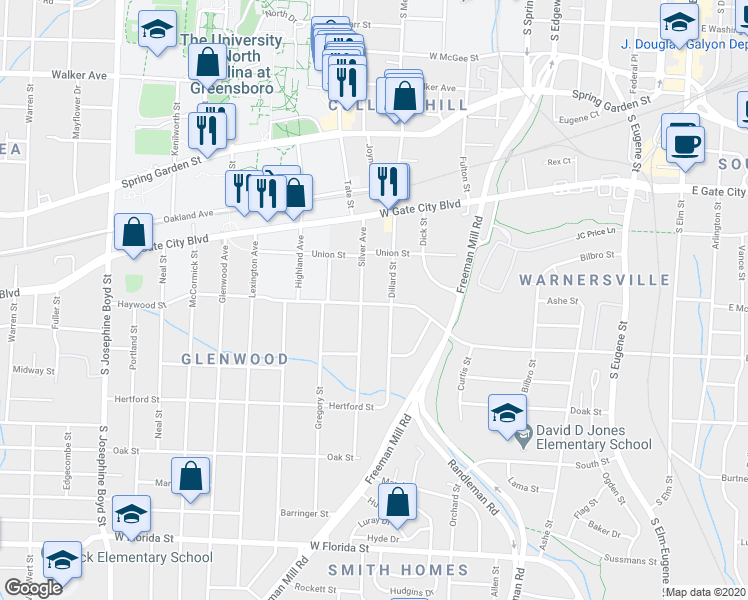 map of restaurants, bars, coffee shops, grocery stores, and more near 708 Haywood Street in Greensboro
