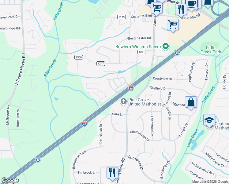 map of restaurants, bars, coffee shops, grocery stores, and more near 1195 Augustine Heights Drive in Winston-Salem