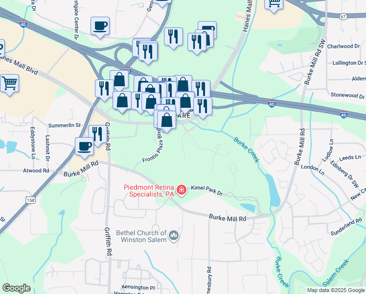 map of restaurants, bars, coffee shops, grocery stores, and more near Highland Oaks Drive in Winston-Salem