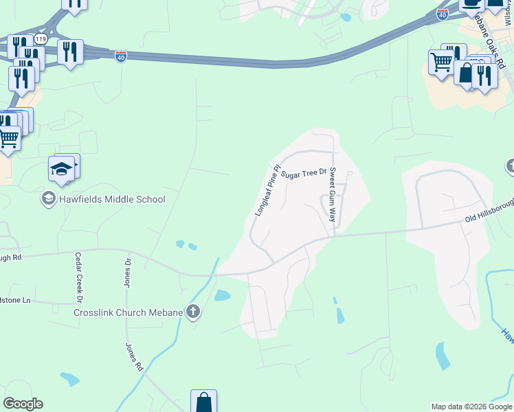map of restaurants, bars, coffee shops, grocery stores, and more near 1020 Longleaf Pine Place in Mebane