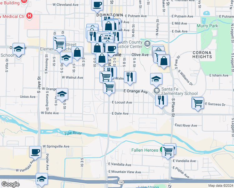 map of restaurants, bars, coffee shops, grocery stores, and more near 266 South C Street in Porterville