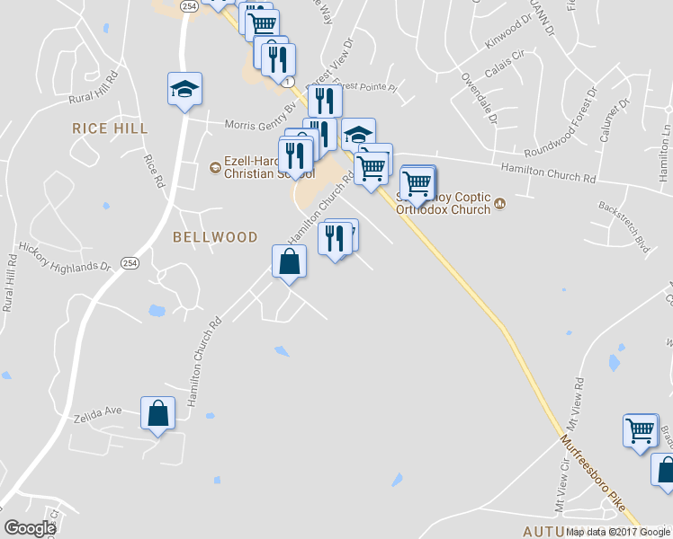 map of restaurants, bars, coffee shops, grocery stores, and more near 3035 Hamilton Church Rd in Antioch
