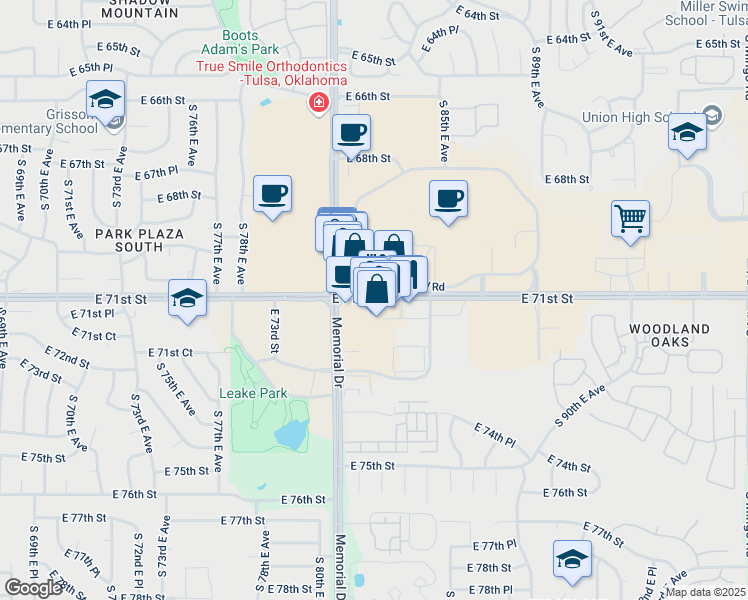 map of restaurants, bars, coffee shops, grocery stores, and more near 8235 East 71st Street in Tulsa