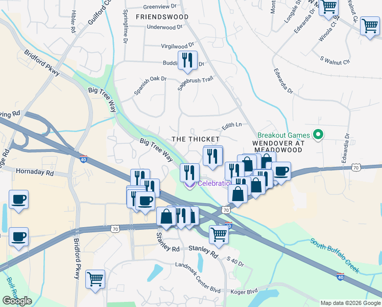 map of restaurants, bars, coffee shops, grocery stores, and more near in Greensboro