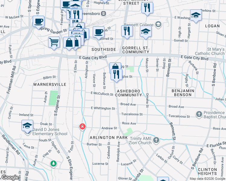 map of restaurants, bars, coffee shops, grocery stores, and more near 634 Martin Luther King Junior Drive in Greensboro