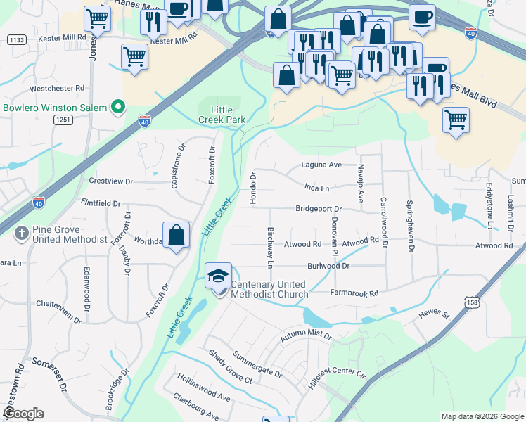 map of restaurants, bars, coffee shops, grocery stores, and more near 2870 Aztec Court in Winston-Salem
