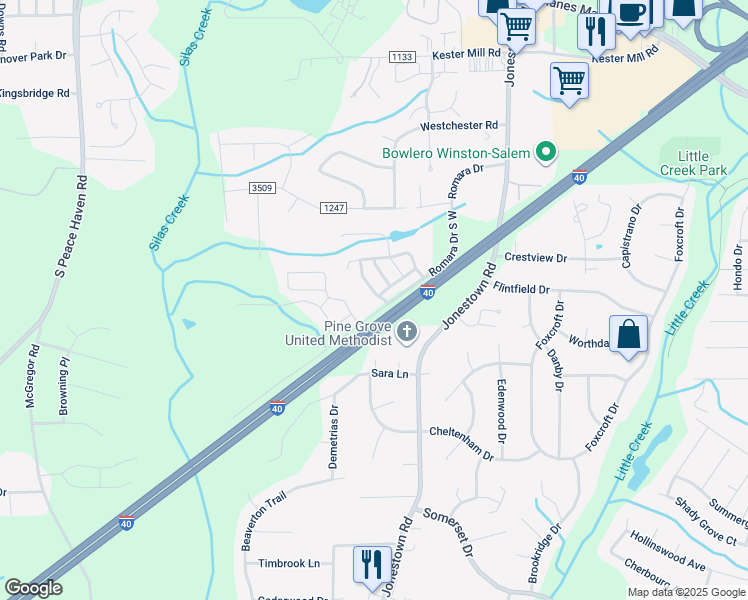 map of restaurants, bars, coffee shops, grocery stores, and more near 1183 Augustine Heights Drive in Winston-Salem
