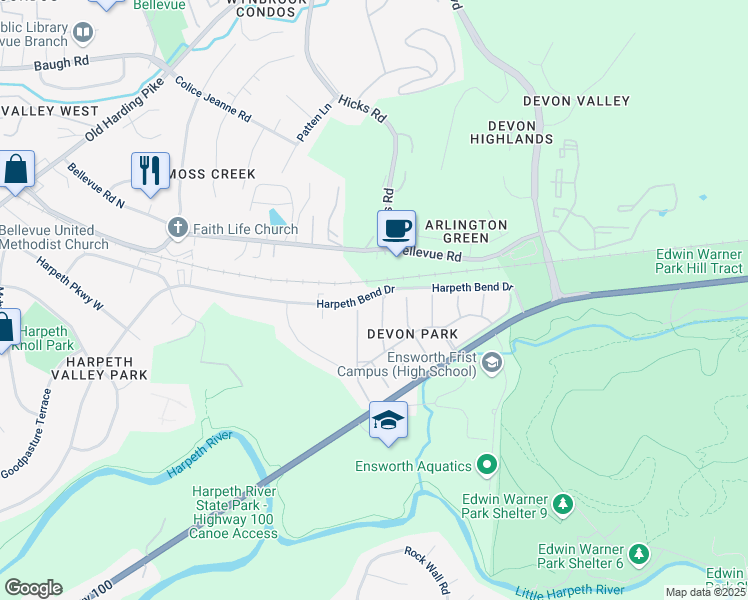 map of restaurants, bars, coffee shops, grocery stores, and more near 1428 Hampshire Place in Nashville
