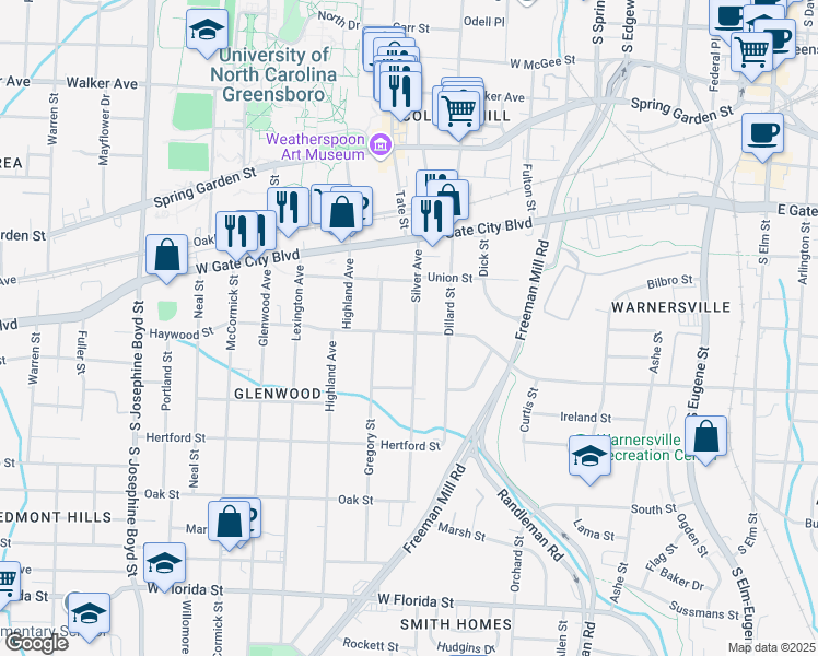 map of restaurants, bars, coffee shops, grocery stores, and more near 817 Silver Avenue in Greensboro