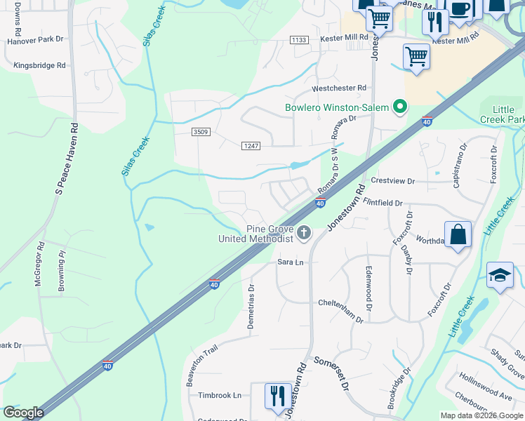 map of restaurants, bars, coffee shops, grocery stores, and more near 5150 Farm House Trail in Winston-Salem