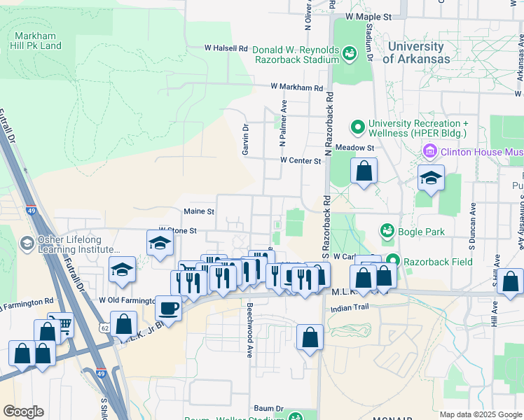 map of restaurants, bars, coffee shops, grocery stores, and more near 1626 Maine Street in Fayetteville
