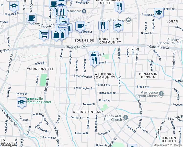 map of restaurants, bars, coffee shops, grocery stores, and more near in Greensboro