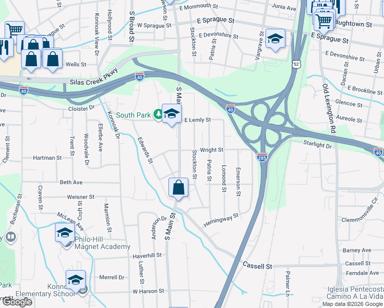 map of restaurants, bars, coffee shops, grocery stores, and more near 2745 Stockton Street in Winston-Salem