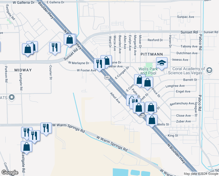 map of restaurants, bars, coffee shops, grocery stores, and more near 1647 North Boulder Highway in Henderson