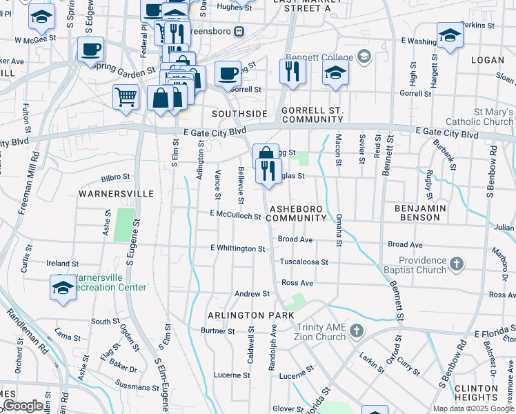 map of restaurants, bars, coffee shops, grocery stores, and more near 823 Bellevue Street in Greensboro