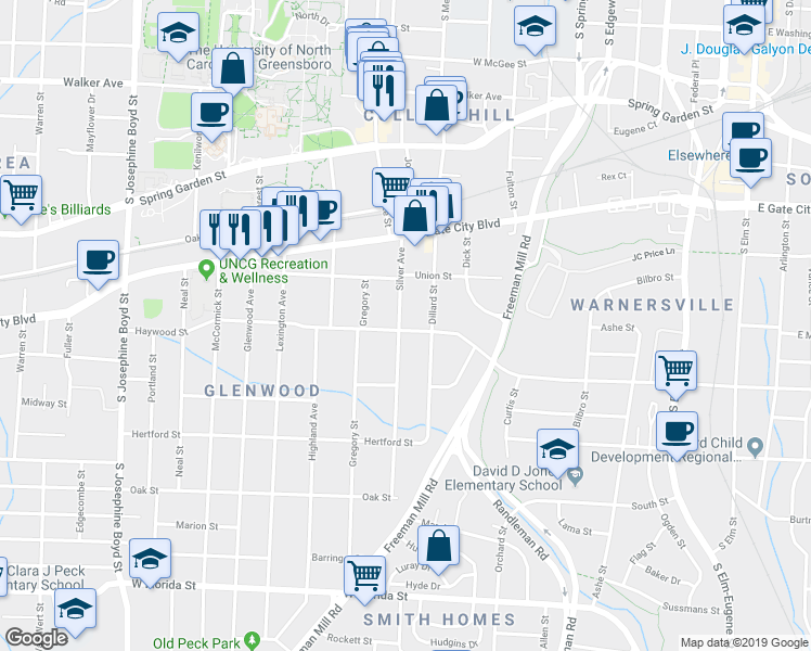 map of restaurants, bars, coffee shops, grocery stores, and more near 817 Silver Avenue in Greensboro